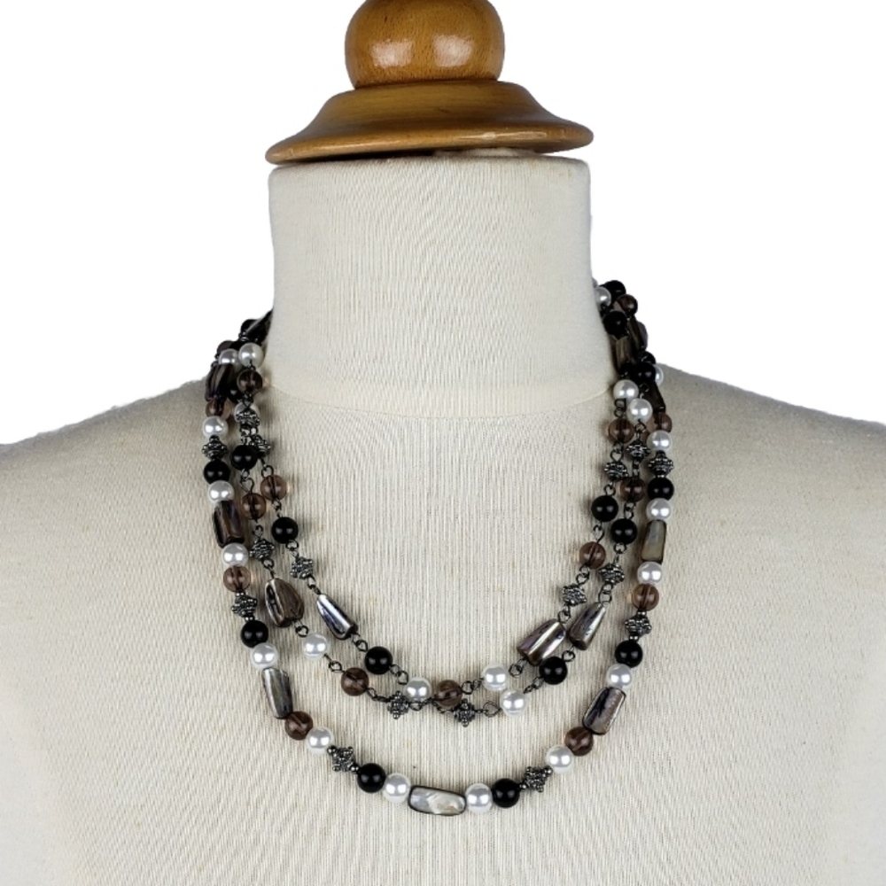 Laila Rowe Multi Strand Shell Glass Pearl Beaded Necklace Adjustable Silver Tone